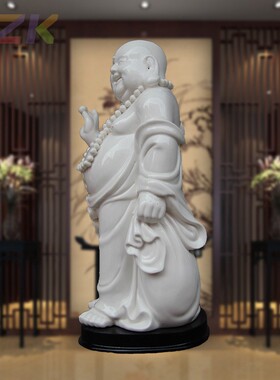 白色弥勒佛陶瓷摆件锦盒包装工艺品家具装饰客厅摆设乔迁礼禅意u9