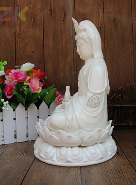 白色陶瓷工艺礼品家具客厅装饰佛像摆件坐古莲观音菩萨中式风格u7
