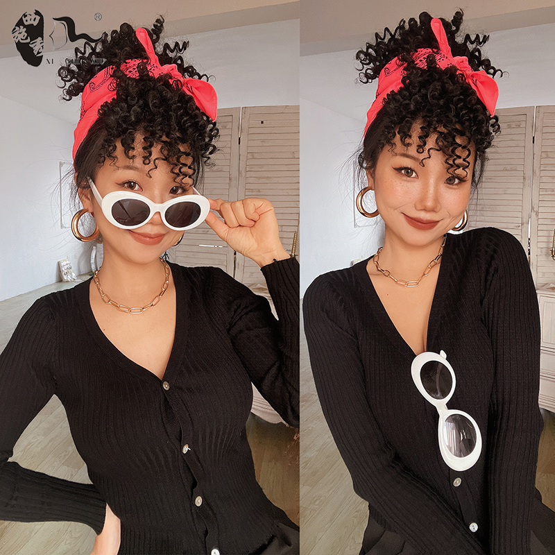 Afro kinky curly headband wigs clips hair puff非洲假发苞马尾 - 图0