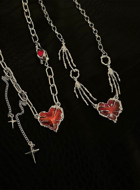 钛钢不褪色红色爱心拼接项链