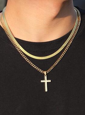 钛钢不掉色双层十字架项链