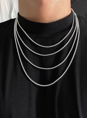 钛钢不掉色简约白银色闪沙项链男