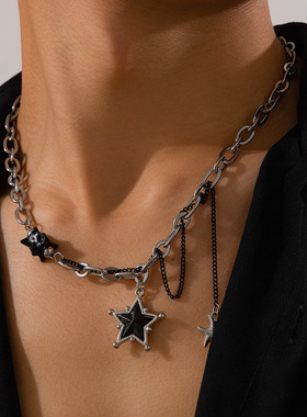 钛钢不掉色黑色五角星吊坠项链