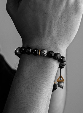 可盘玩民族风火山岩黑曜石手串男
