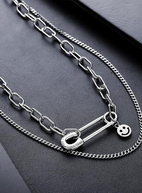 钛钢不掉色笑脸别针双层项链