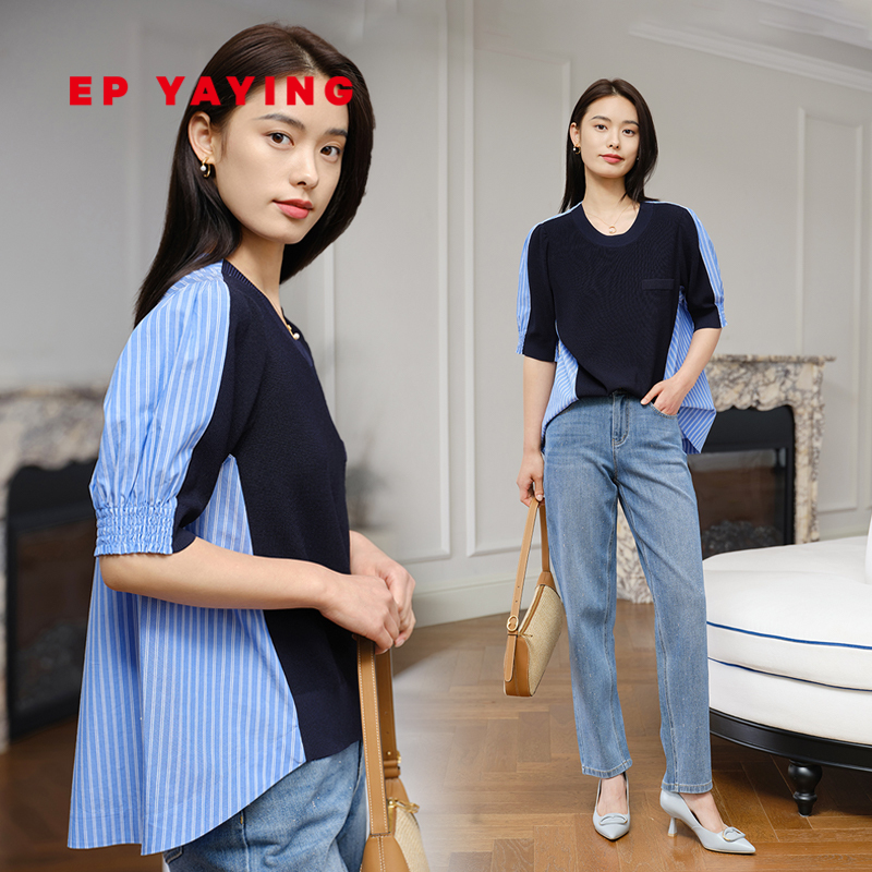 EP YAYING雅莹女装 拼接撞色设计感短袖上衣 2024夏装新品5406A