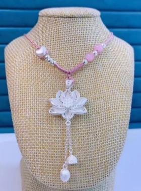 女生女士足银防过敏莲花吊坠项链