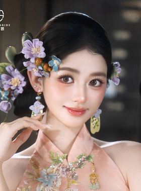 中式新娘紫色绒花缎面刺绣头饰