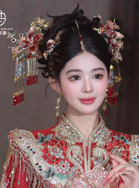 秀禾新娘头饰红色中式龙凤褂头饰结婚秀禾服发饰步摇发簪配饰