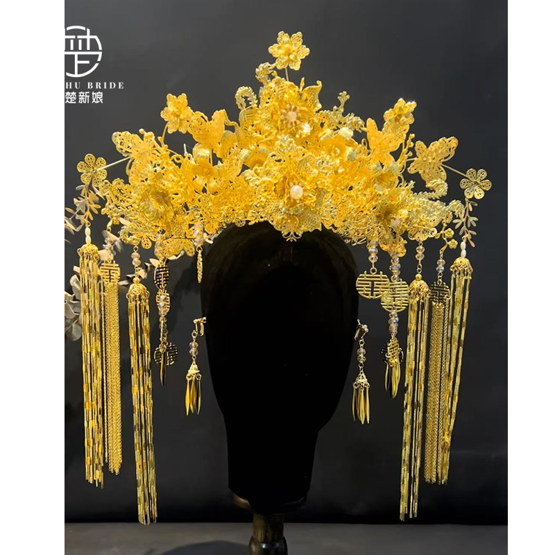 2025新款金色凤冠新娘头饰古装花朵喜字流苏半冠龙凤褂秀禾头饰品 - 图2