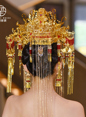 中式婚礼秀禾头饰红金色面帘凤冠新娘龙凤褂敬酒礼服汉服发饰套装