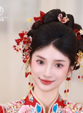 新中式新娘头饰结婚龙凤褂秀禾头饰红色古典流苏发钗步摇精致发饰