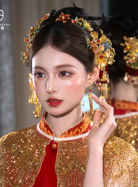 新中式秀禾新娘龙凤褂花朵发饰