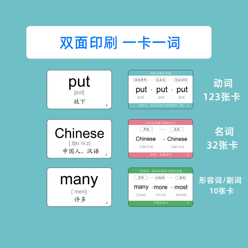 小学初高中英语单词不规则动词表过去式分词变化变形名词随身卡片