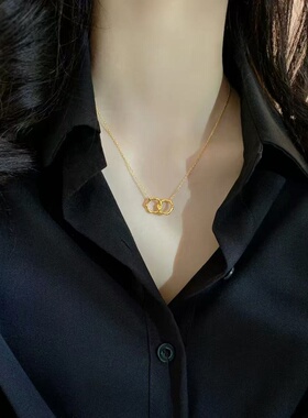 彩金双环竹节项链女AU750玫瑰金