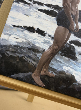 海岸礁石肌肉男士油画装饰画海边仰望男生人像小众卧室挂画壁画