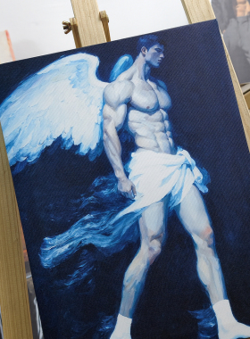 暗黑风蓝调天使人体艺术油画现代男体高级感挂画小众客厅装饰画
