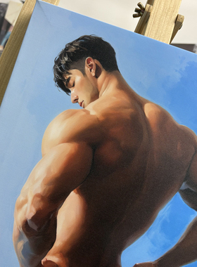 蓝色背景男性背肌肌肉人体油画挂画艺术感人像装饰画小众宽背挂画