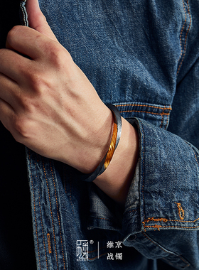 口力米大复古男士足银镶金手镯