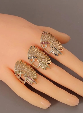 超酷多色水钻夸张印第安酋长戒指