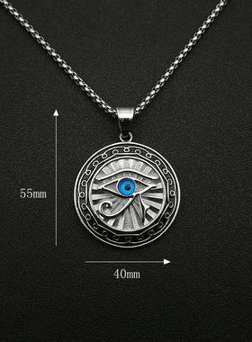 埃及太阳神荷鲁斯之眼吊坠项链 镀金蓝眼睛圆牌挂坠项链挂脖