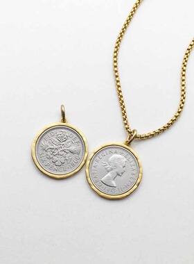 仿英国六便士硬币加边框包边吊坠子复古人像金银色中古项链小众