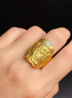 中古回流金色雕刻法老戒指 高端小众设计欧美气质复古指环首饰