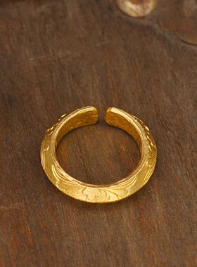 金色海棠花戒指实心开口戒柔美女款国潮錾刻纹理食指环女