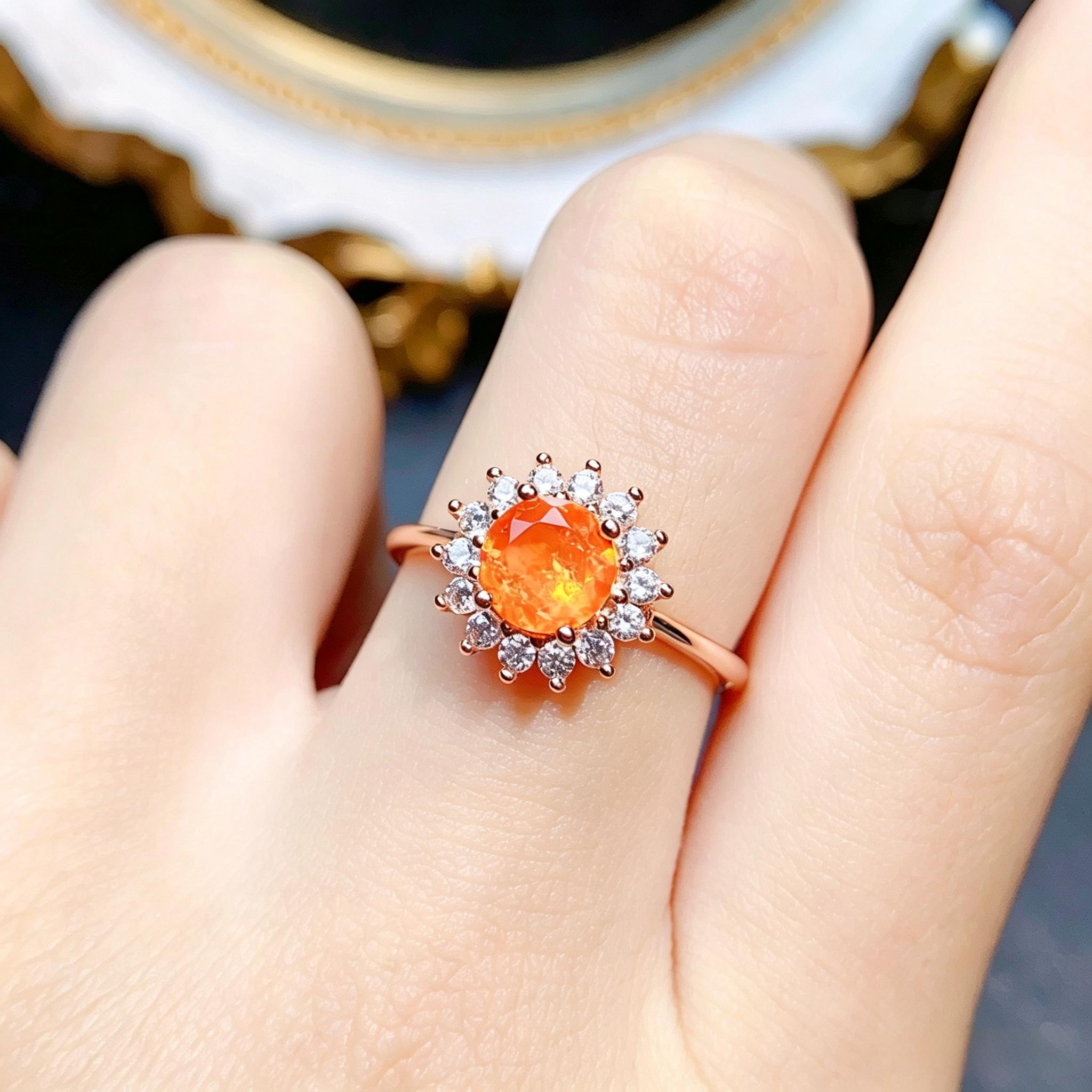 Winter Warm Sun Natural Fire Opal Sunflower Girl Ring