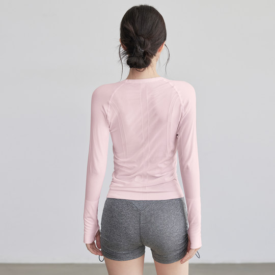 VOJ瑜伽服女无缝一体织修身透气速干运动上衣圆领普拉提健身长袖