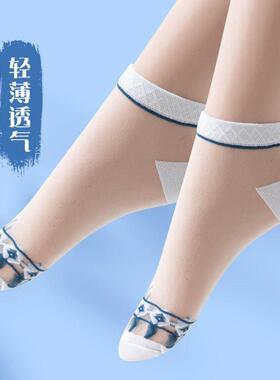 跨境女士薄款短袜春夏新款玻璃丝袜复古花纹水晶袜网眼船袜浅口袜