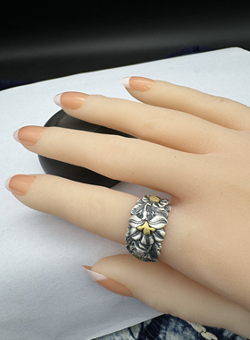 千凤银足银999复古繁花戒指