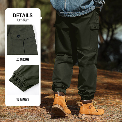 骆驼男装束脚工装裤男秋冬季宽松户外运动防泼水黑色休闲长裤子 - 图1