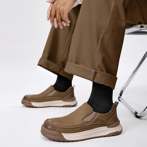 骆驼2025冬季男鞋复古牛皮男士休闲皮鞋男商务通勤厚底乐福鞋 - 图2