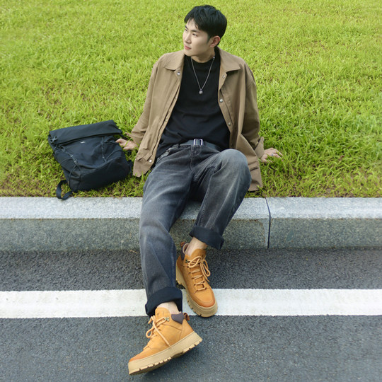 骆驼马丁靴男2025年秋冬真皮高帮鞋加绒加厚底英伦棉鞋户外工装靴