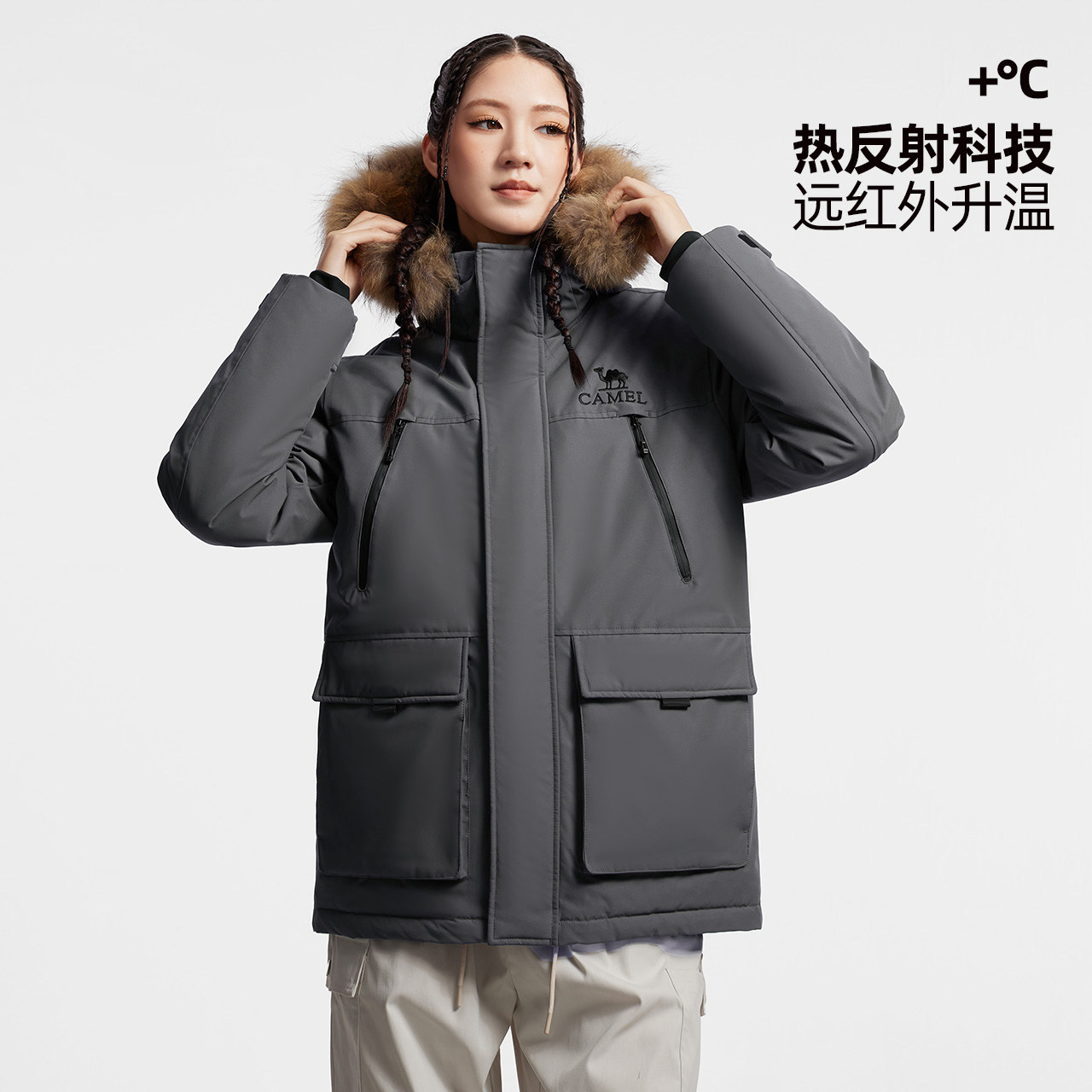 骆驼户外派克羽绒服中长款2025冬季保暖加厚毛领工装羽绒外套男