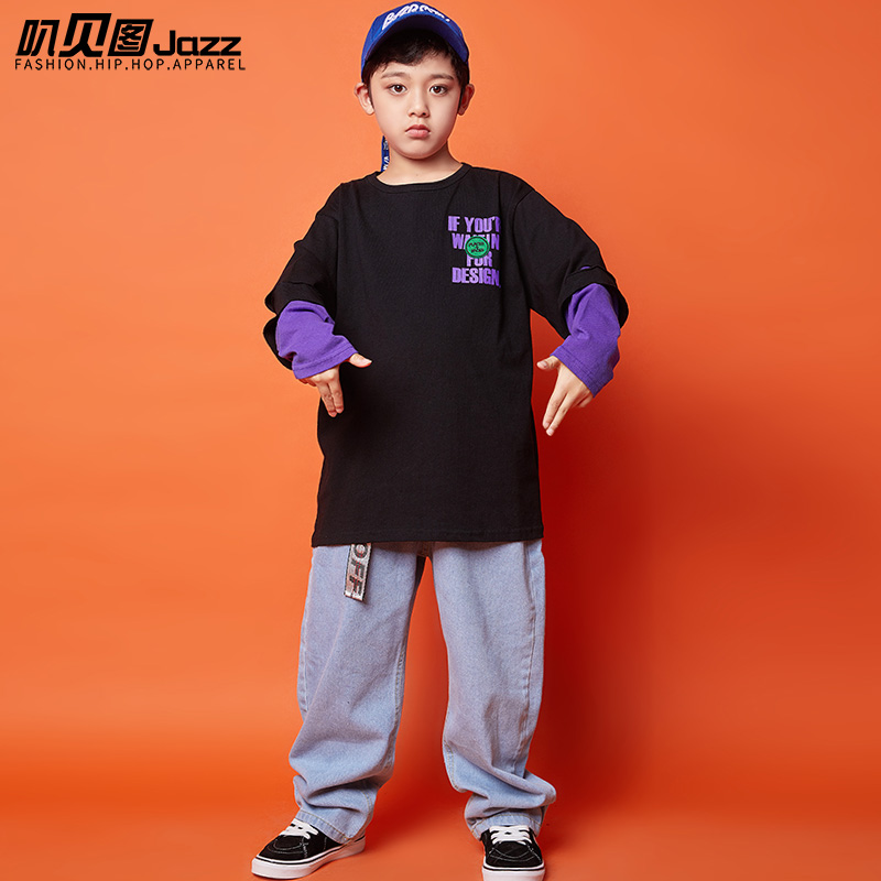 男童嘻哈潮装儿童街舞套装元旦爵士舞服走秀服装宽松hiphop演出服 - 图0