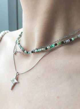 24年新绿镜系列澳洲玉串珠项链叠戴双层链小众设计感十字星锁骨链