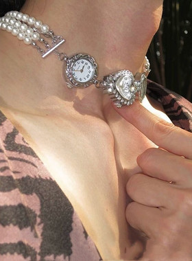 设计 重工多层珍珠爱心表盘项链Choker