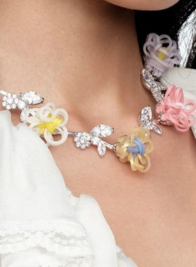 2025橡皮筋花珍珠宝石枝叶项链礼物新品时尚设计甜美彩色锁骨链