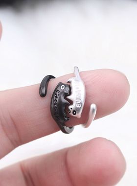拥抱小猫早安晚安猫咪戒指设计情侣高级对戒可爱小众百搭开口指环