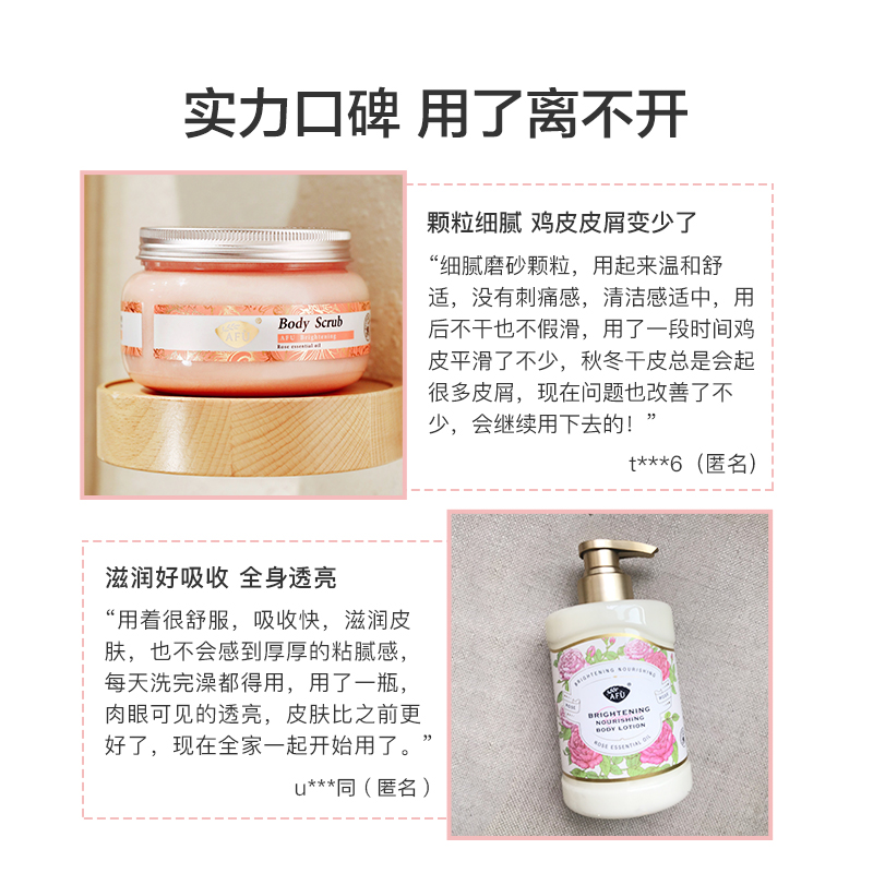 阿芙官方旗舰店阿芙玫瑰精油莹亮身体磨砂膏身体乳套装烟酰胺保湿去鸡皮提亮肤色3
