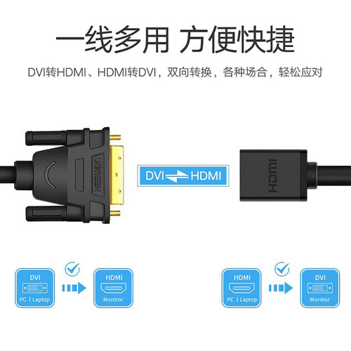 绿联 DVI转HDMI线公对母高清转接线双向互转短线hdmi转dvi24+1线 - 图0