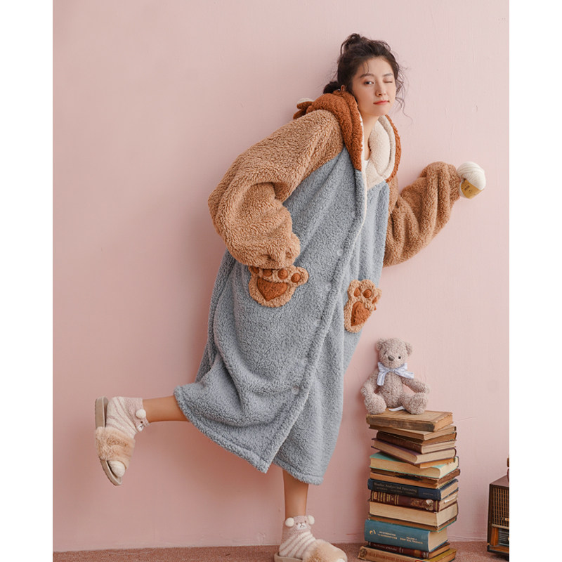 秋冬季珊瑚绒情侣中长款加绒睡袍 侨楚睡袍/浴袍