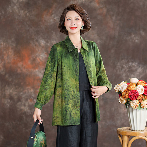 齐黛品牌香云纱上衣女2025新款新中式长袖复古优雅妈妈装真丝衬衫 - 图1