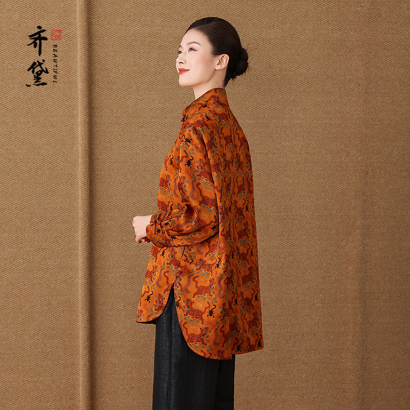 齐黛真正的香云纱上衣女2025秋新款长袖宽松复古优雅妈妈真丝衬衫