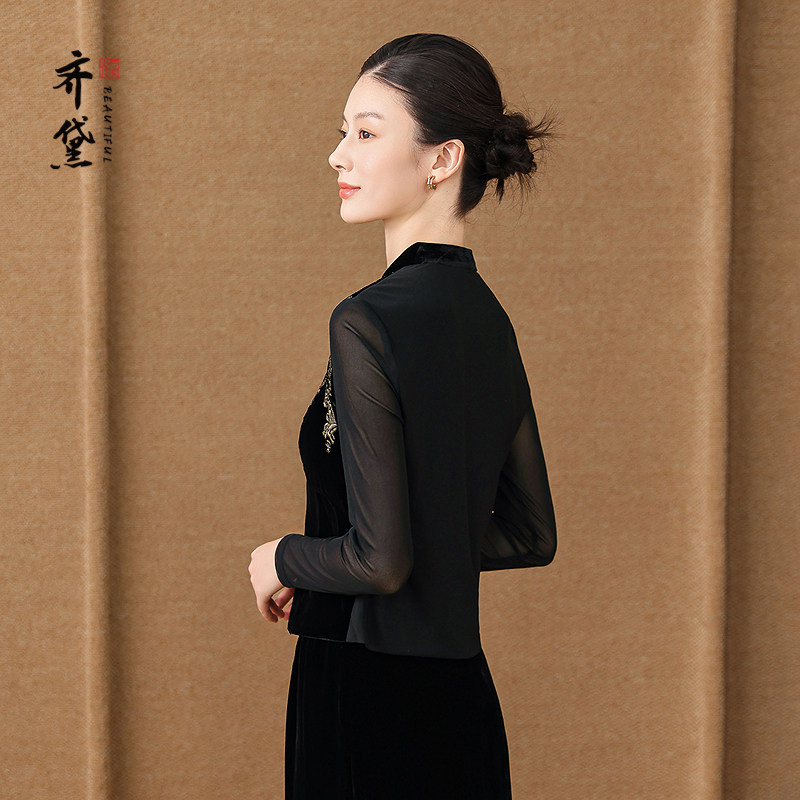 齐黛高端品牌丝绒真丝上衣年轻款2025秋冬新款V领长袖桑蚕丝衬衫