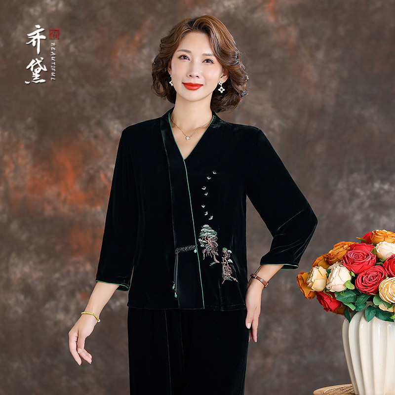 齐黛重要场合丝绒上衣女2025秋季新款刺绣V领长袖真丝桑蚕丝衬衫