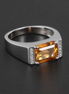 招财黄水晶925银镀白金男戒