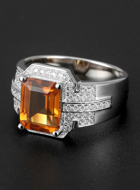 正品天然黄水晶纯银宝石男生戒指潮男个性轻奢小众高级感定制刻字